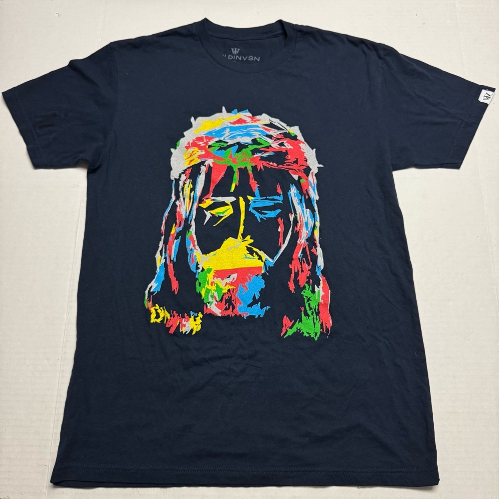 WRLDINVSN Abstract Jesus Crew Neck T-Shirt in Navy, Multi Size: Medium